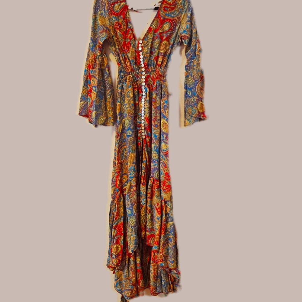 KARMA Hwy Gypsy Caravan Hi Lo Ruffle Hem Dress Teal/Rust OS NWT